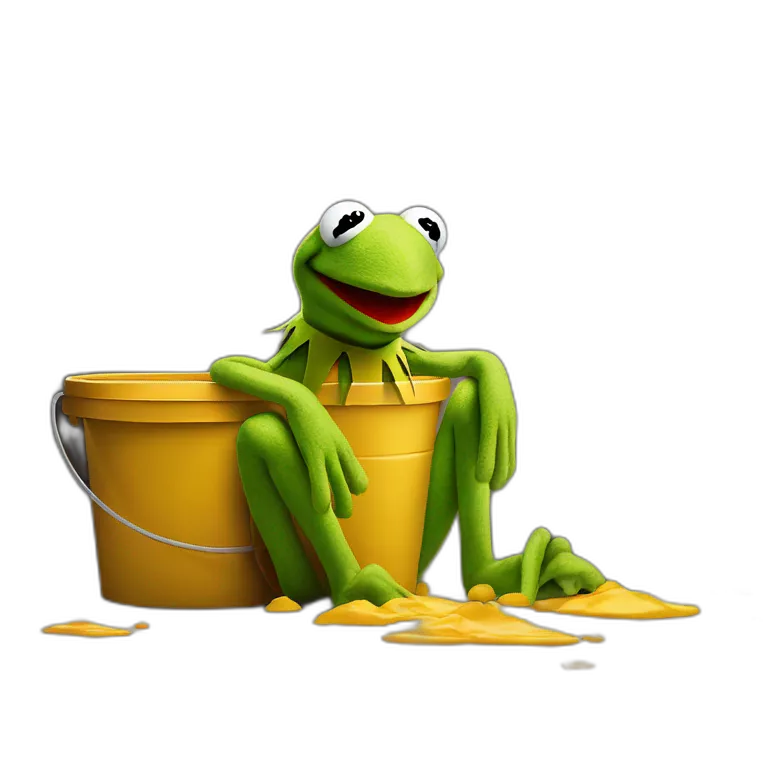 Sa kermit, sitting on the ground against a wall, holding a bucket in his hands with theses flowing into the bucket