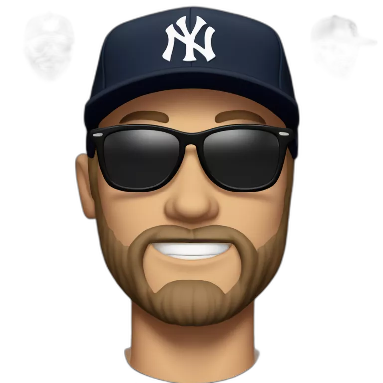 strong caucasian man in his forties short light brown beard, black New York Yankees cap, round black sunglasses