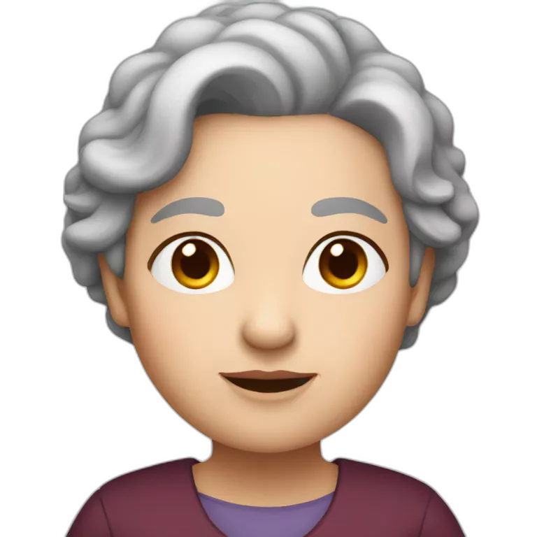 A grandmother with white skin, round face and dark red hair