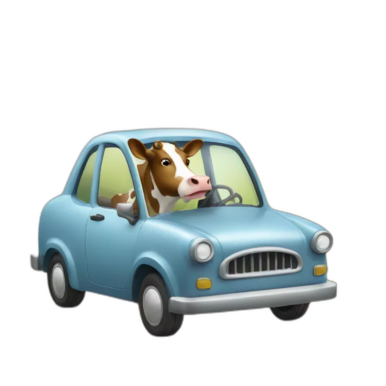a cow driving a car