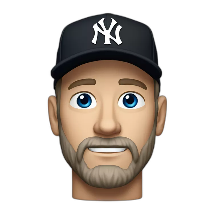 strong thin caucasian man in his fifties, wry expression, blue eyes, short light brown beard, black New York Yankees cap, black clothes