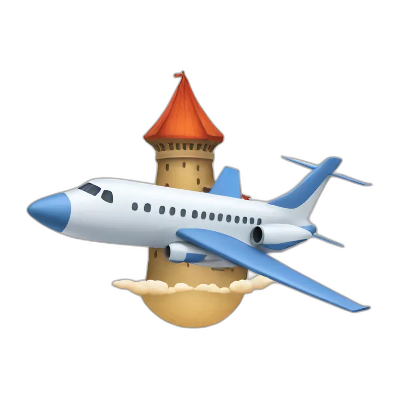 A plane flying toward a tower