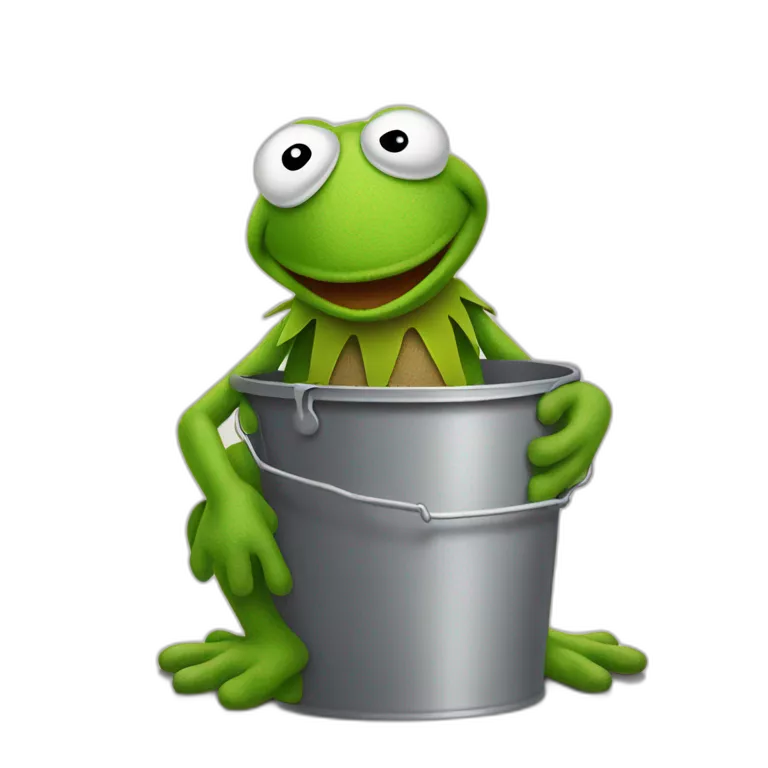 Sad Kermit, sitting on the ground against a wall, holding a bucket in his hands with tears flowing into the bucket