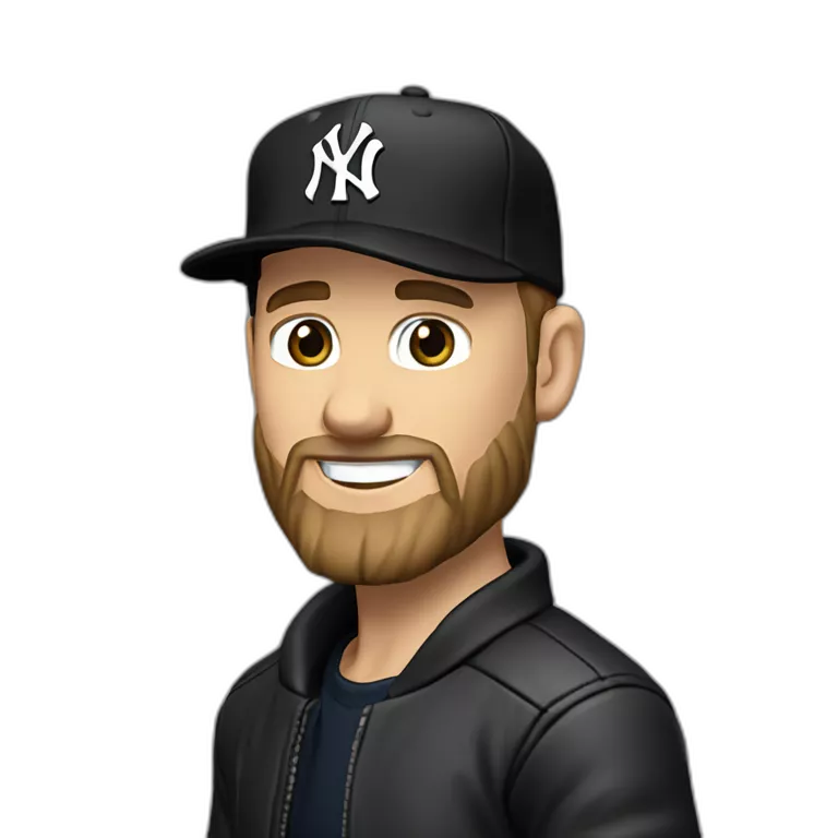 strong thin caucasian man in his forties, wicked smile,short light brown beard, black New York Yankees cap, black leather jacket