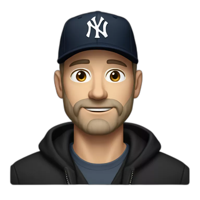 strong thin caucasian man in his fifties, wry expression, blue eyes, short light brown beard, black New York Yankees cap, black jacket