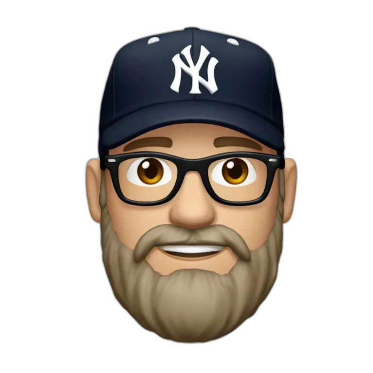 strong caucasian man in his forties short light brown beard, black New York Yankees cap, small round black sunglasses