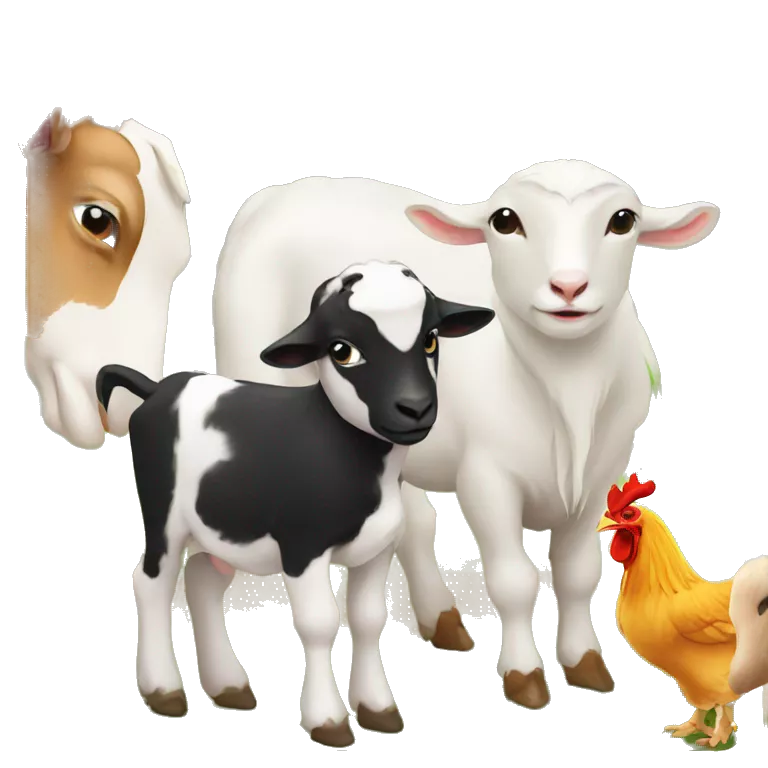A calf, a goat and a chicken on a farm