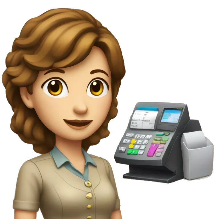 cashier (white female, brown hair, white gold earrings) in front of cash registry, apple-style