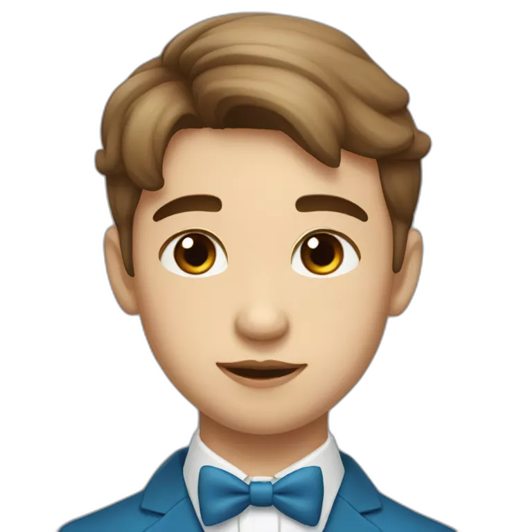 A young male tennager with a beauty spot on chin with a round face and very short brown hair and a mole on chin wearing a blue bow tie