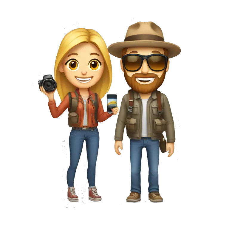 Create an emoji of couple travellers who love road trip and female has a dslr in hand. Both are young and guy has style beard