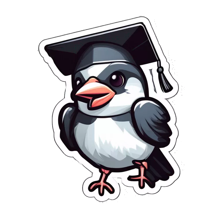 sticker: black and white sparrow with a square academic cap on his head laughs