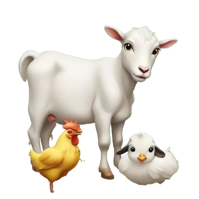 A calf, a goat and a chicken on a farm