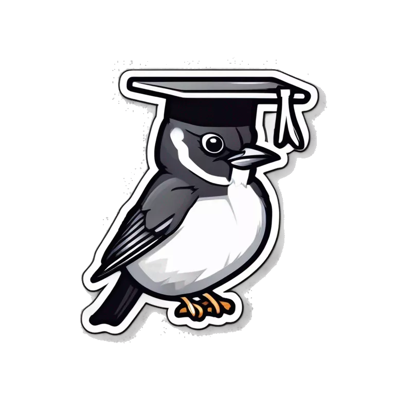 sticker: black and white sparrow with a square academic cap on his head laughs