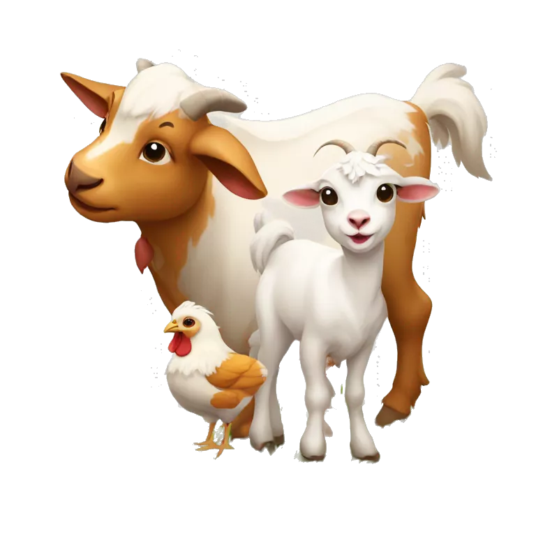 A calf, a goat and a chicken on a farm