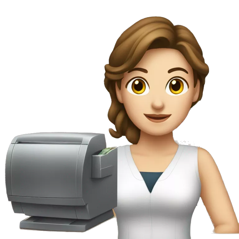 cashier (white female, brown hair, white gold earrings) in front of cash registry, apple-style