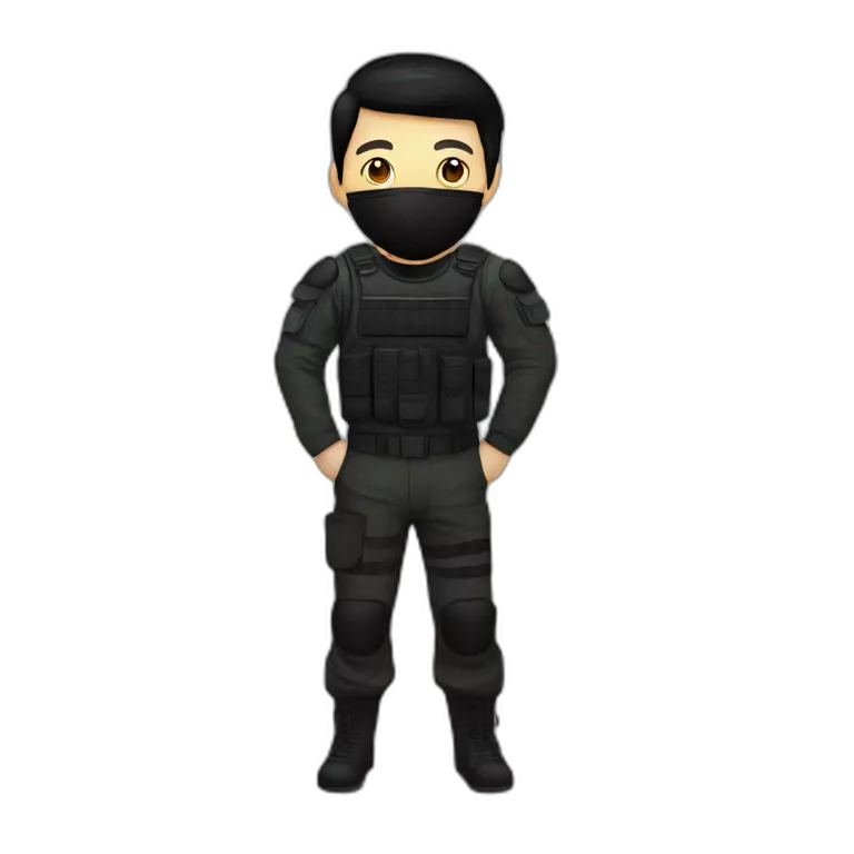 Poker face man, black hair and black mouth mask and black military pants