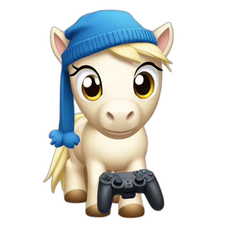 sad pony wearing a blue beanie and holding a ps5 controller