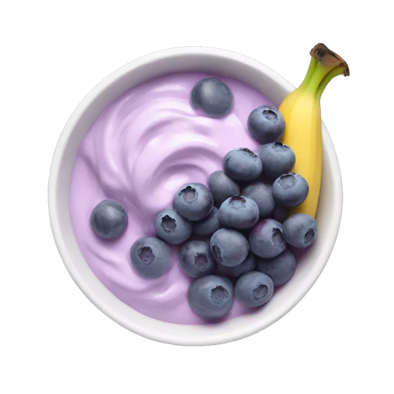 bowl with purple yogurt and banana and blueberries