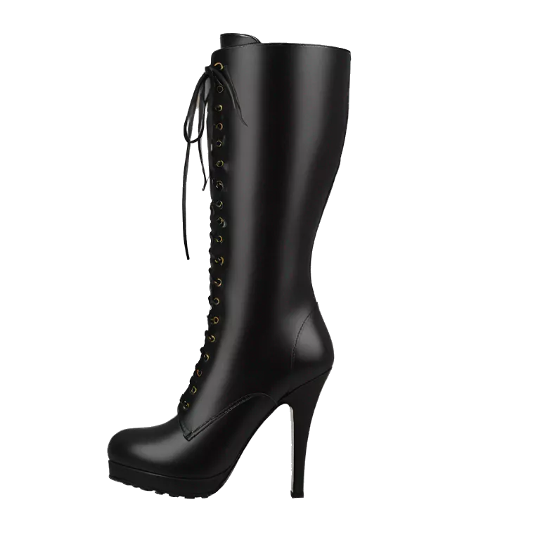 Black tall High heel boot lace up leather tall