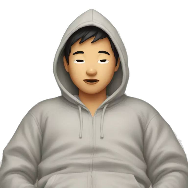Asian boy in hoodie waking up