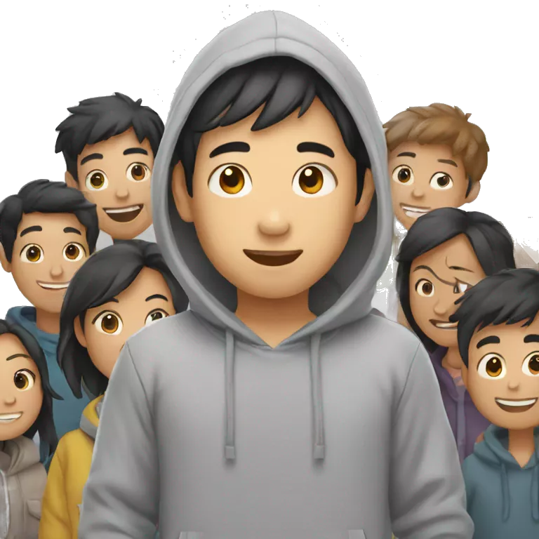 asian boy in grey hoodie and multiple friends waving