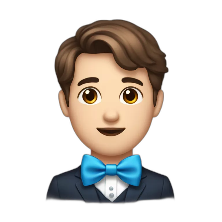 A obèse young male tennager with a beauty spot on chin with a round face and very short brown hair and a mole on chin wearing a blue bow tie