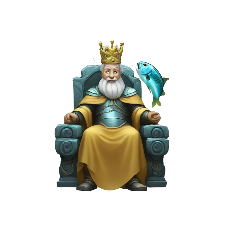 old king sit on tron with fish in hands