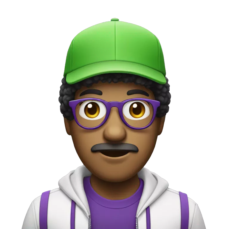 personaje blanco con gorra morada y lentes verdes y pelo afro