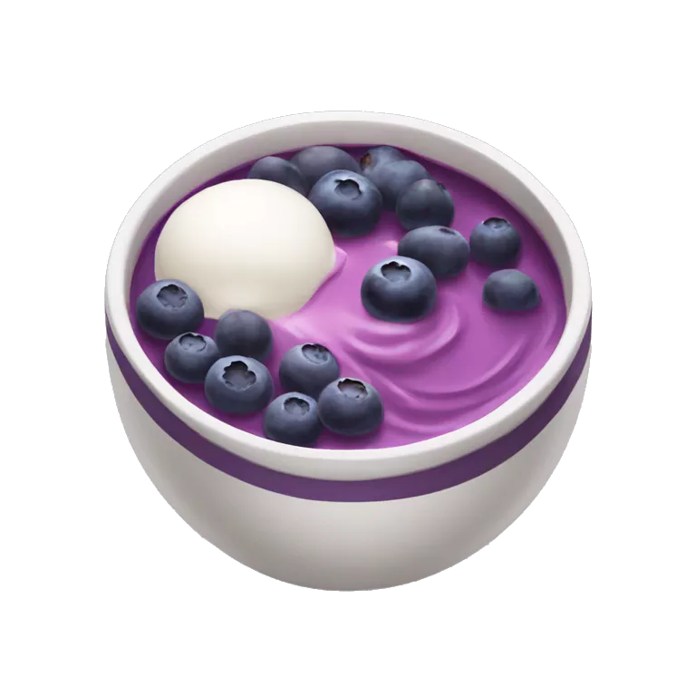 vertical view of bowl with purple yogurt and blueberries and acai