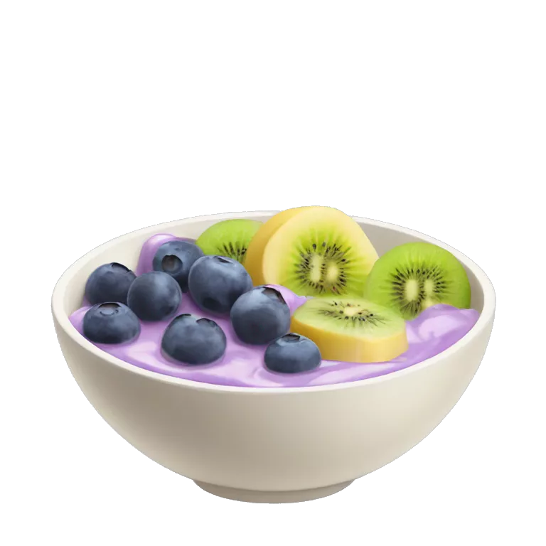 bowl with purple yogurt and banana and blueberries and kiwi fruits