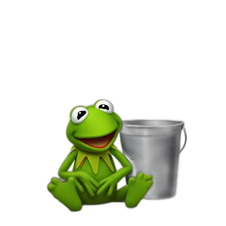 Sad Kermit, sitting on the ground against a wall, holding a bucket in his hands with tears flowing from his eyes into the bucket