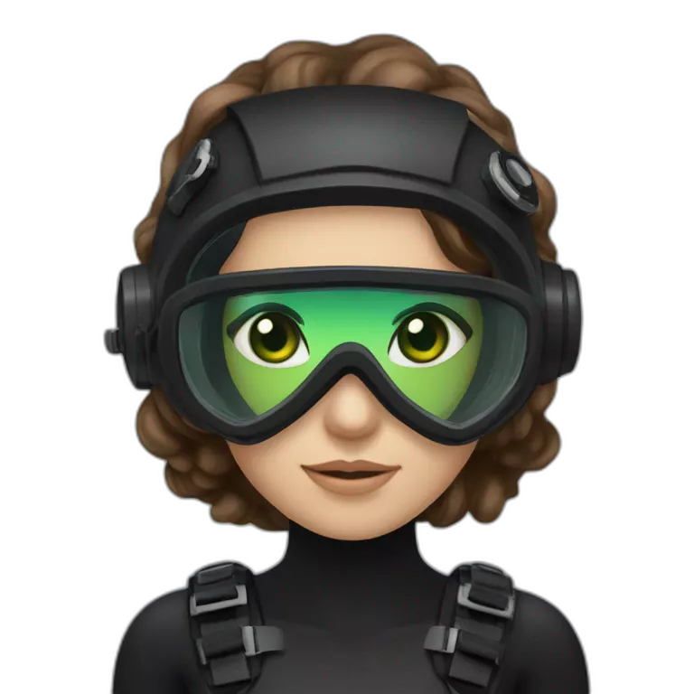 woman large brown hair, black diving mask with a single crystal, green eyes, scubadiving gear