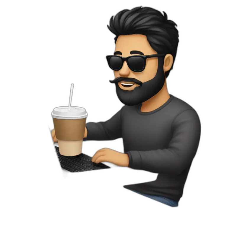 Designer with black hair, beard and round sunglasses working with MacBook and drinking cappuccino