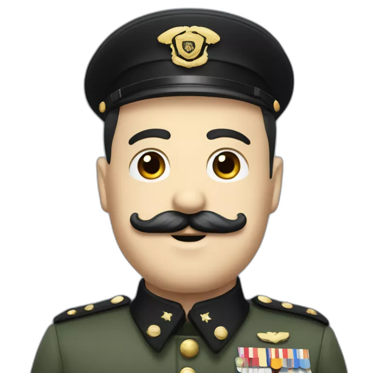 white man with black combover hair and black charlie chaplin mustache in military uniform
