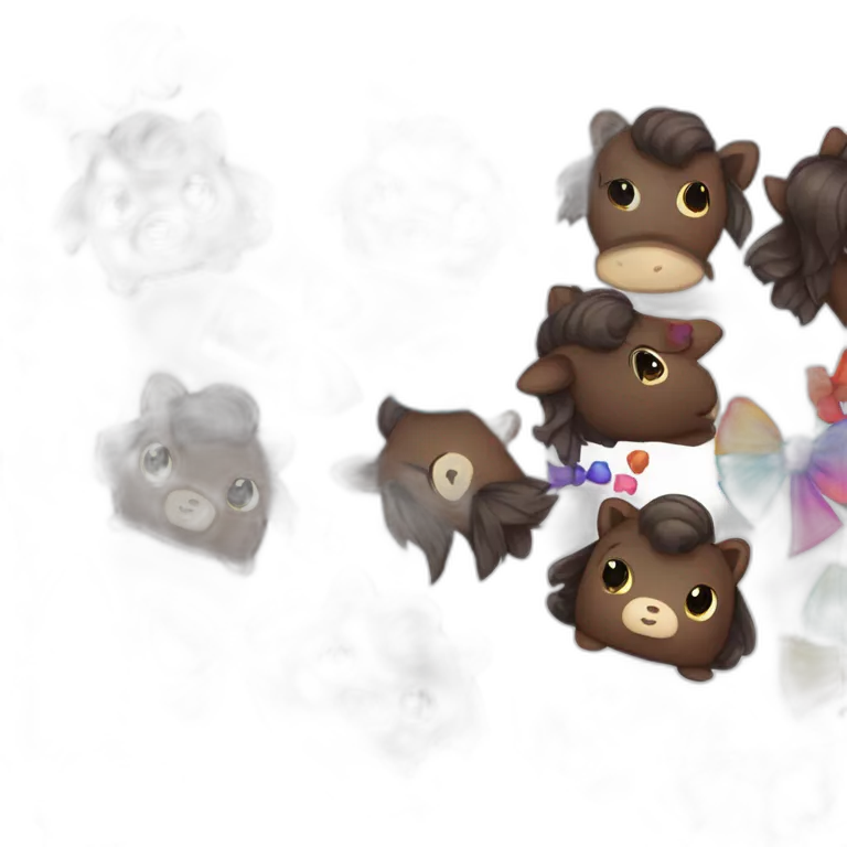 Petite dark-brown pony with vibrant multicolored bows, calm