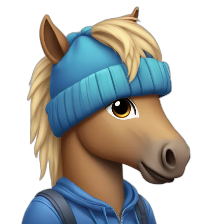 sad pony wearing a blue beanie and holding a ps5 controller caricature art style