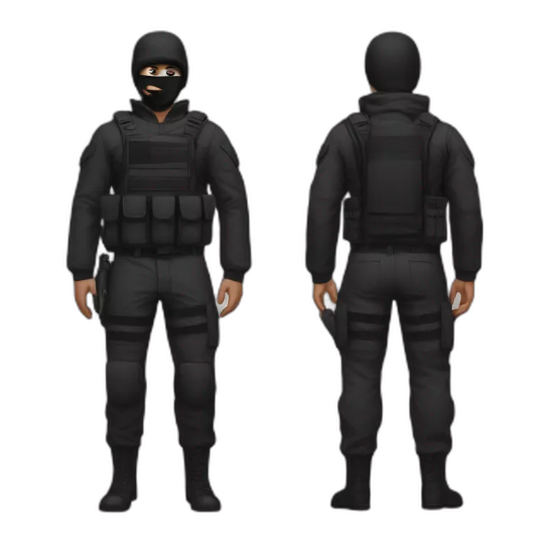Poker face man, black hair and black mouth mask and black military pants