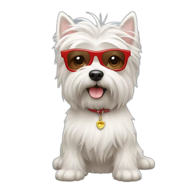 Humano con pelo de punta y gafas rojas con un perro westie