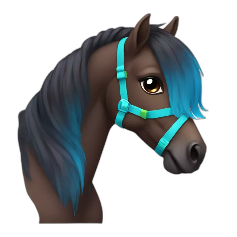 Petite dark-brown pony with vibrant multicolored bows, blue halter, calm