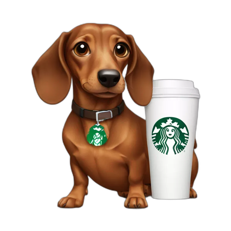 a dachshund drinking a Starbuck coffee