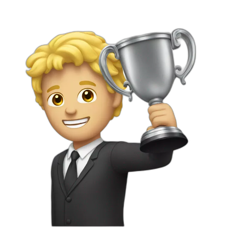 A blond man lifting a trophy