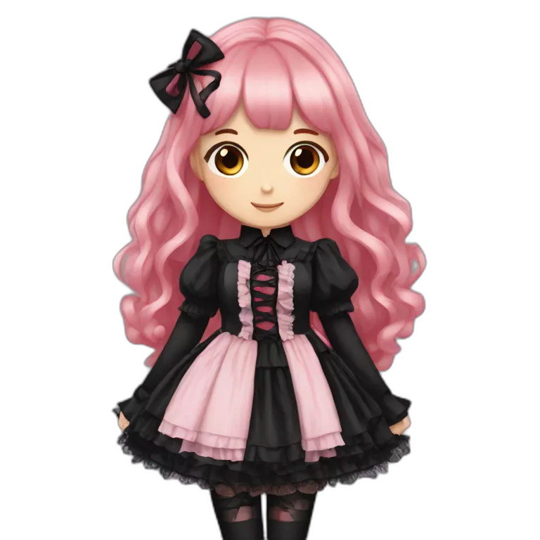 Gothic lolita pink and black, long hair, red hair and black hair, full body, Brown skins color