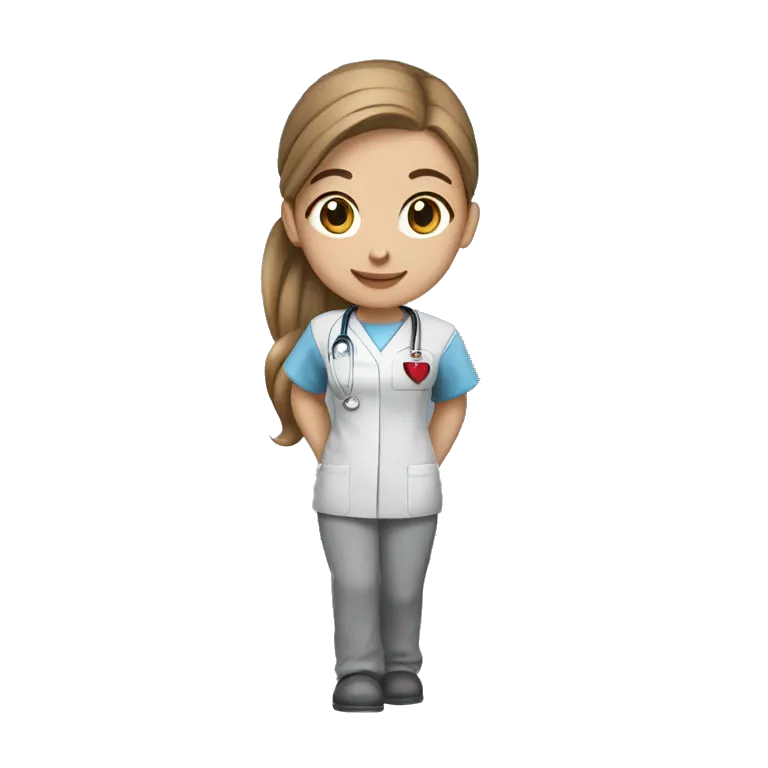 nursing student in a grey scrub with red accents on the sleeves with light skin, brown hair and ligth brown hair in a ponytail
