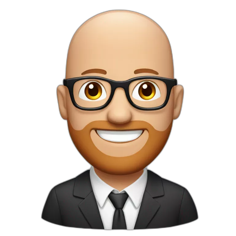 bald man, blue eyes, smiling with red patchy beard, wearing black framed glasses, wearing big black headphones