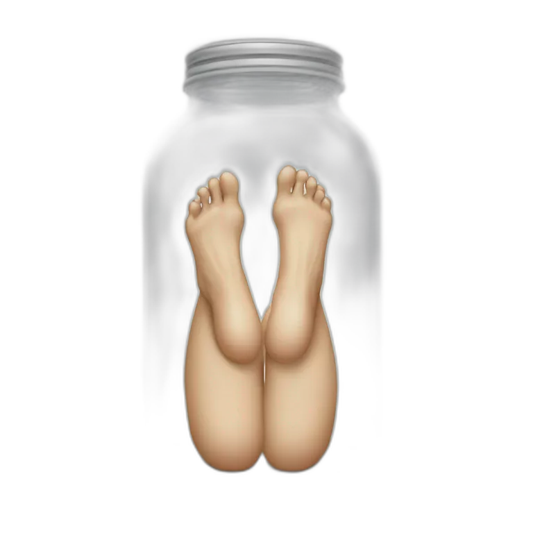 ((human legs)) standing over an ((empty transparent jar)),only legs visible