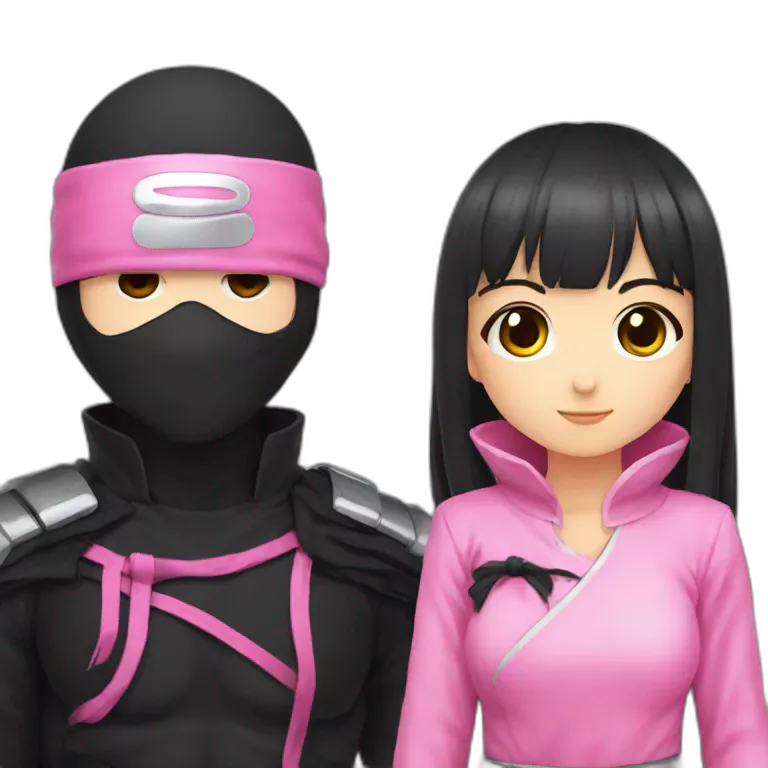 cute anime girl with pink ninja clothing along side a man ninja with black clothing and holding hands