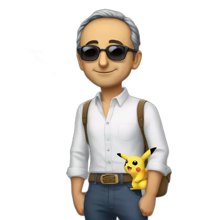 Eric Zemmour avec des lunettes de soleil sur une tortue avec des ailes et un Pikachu avec un canon