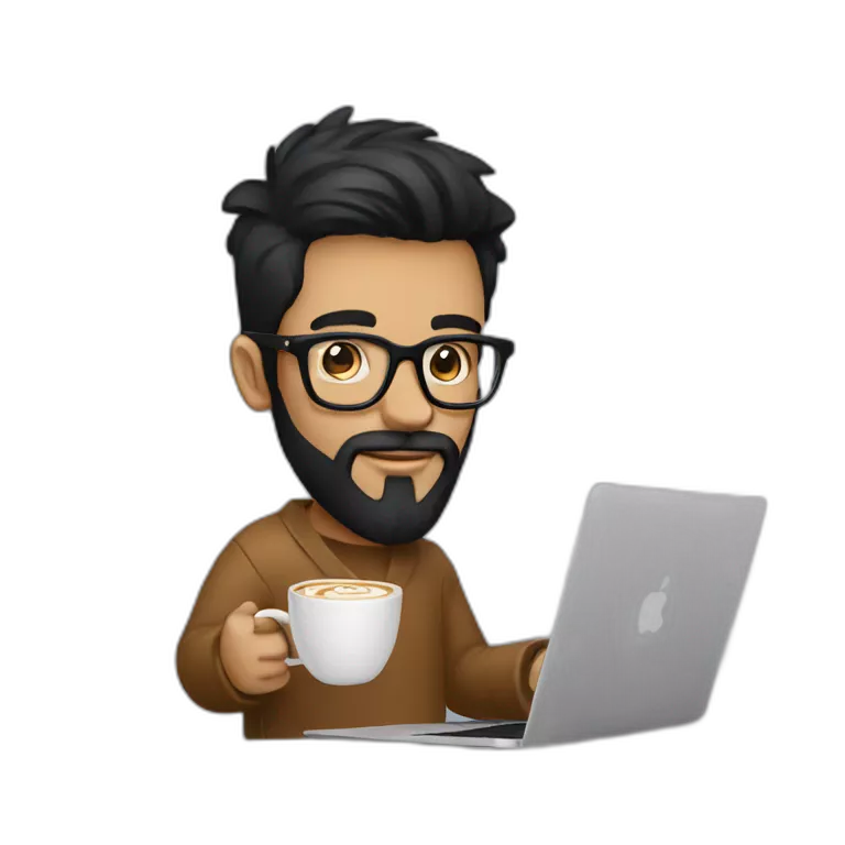 Designer with black hair, beard and glasses working with MacBook and drinking cappuccino