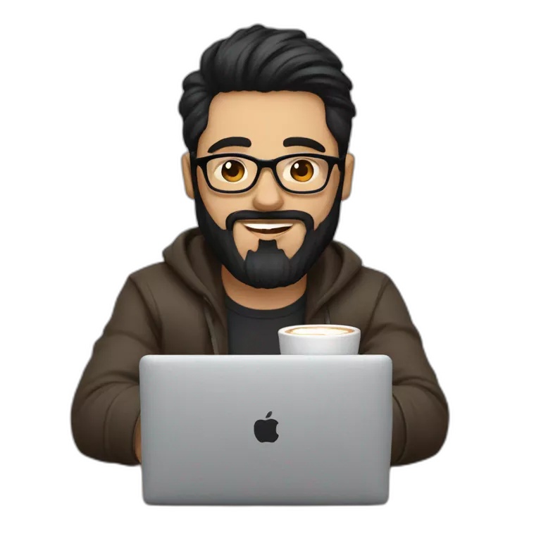 Designer with black hair, beard and glasses working with MacBook and drinking cappuccino