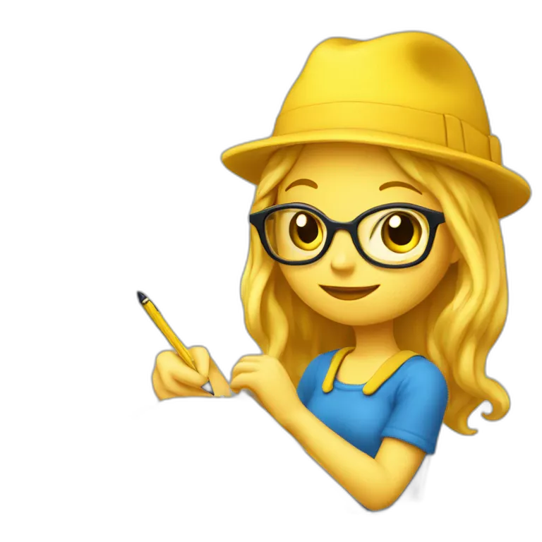 a girl with yellow hair in a blue hat with a yellow mallow holds a pen and a notebook in her hand